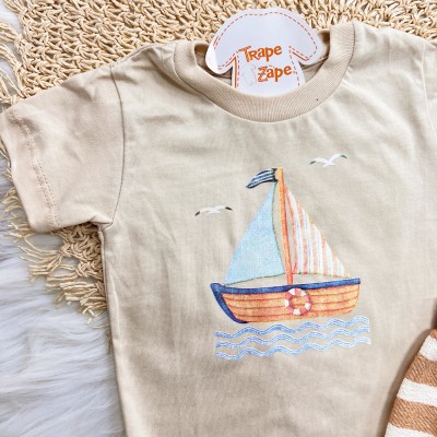 Conj. Camiseta Barquinho e Bermuda Listras - Areia e Marrom